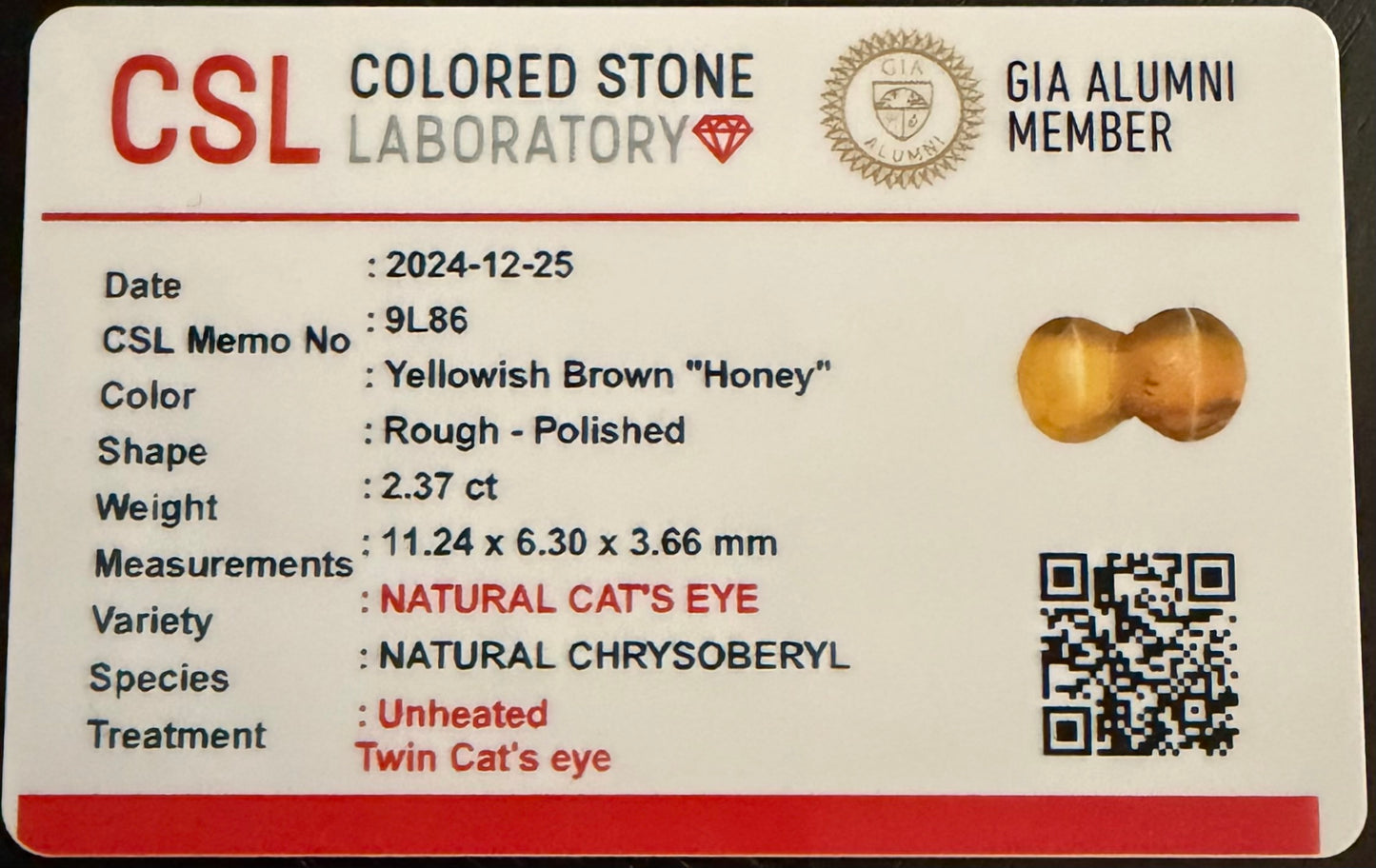 Honey Twin Cat's Eye Chrysoberyl From Sri-Lanka