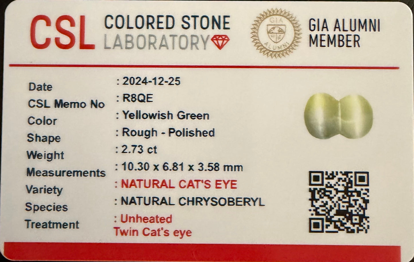 Yellow Twin Cat's Eye Chrysoberyl From Sri-Lanka