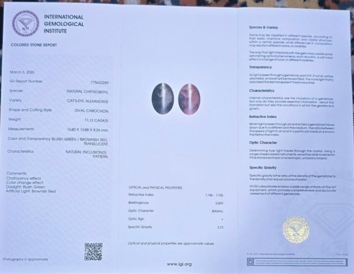 Large Alexandrite Cat’s Eye Color Change From India