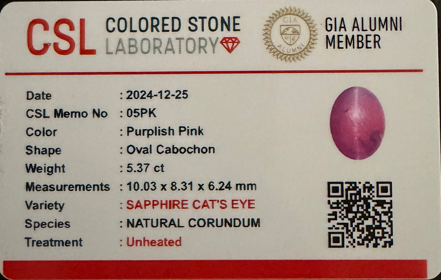 Natural Pink/Purple Cat’s Eye Sapphire From Sri-Lanka