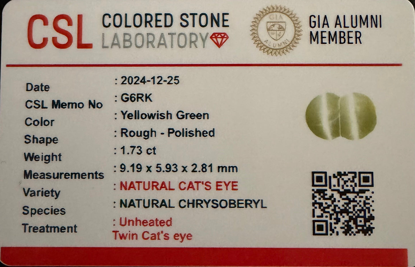 Neon Yellow/Green Twin Cat's Eye Chrysoberyl From Sri-Lanka